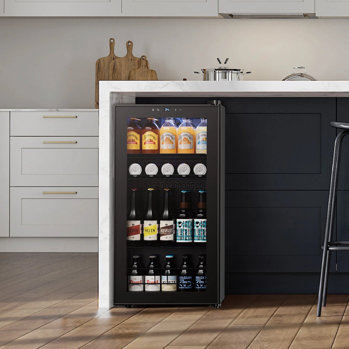 95-Can Glass Door Mini Fridge Cooler Beverage Refrigerator for Wine, Soda, and Home Bar Use