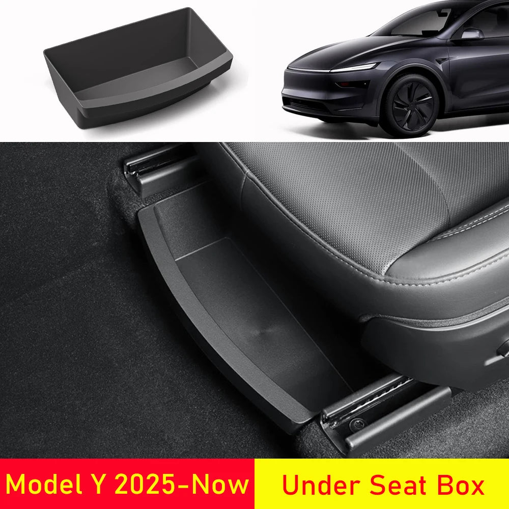 Under Seat Storage Box Organizer for Tesla Model Y Juniper 2025 2026 Underseat Storage Tray Bin Trash Can Car Travel Accessories