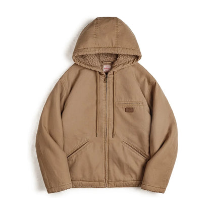 Maden Retro J141 Active Hooded Jacket Solid Color Sherpa Fleece Cotton-padded Coat with Velvet Warm  Canvas Outerwear for Men