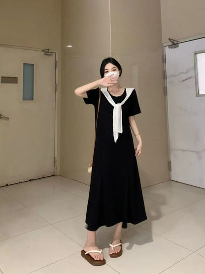 Naval Collar Lace Trim Slimming Long Dress French Style Loose Fit Mommy's Summer Dress mid Waist Design Casual  Knot