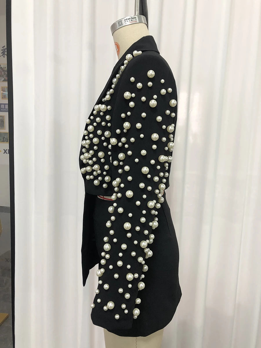 TWOTWINSTYLE Spliced Pearls Two Piece Set for Women Lapel Long Sleeve Irregular Top High Waist Mini Skirt Office Suit Female New