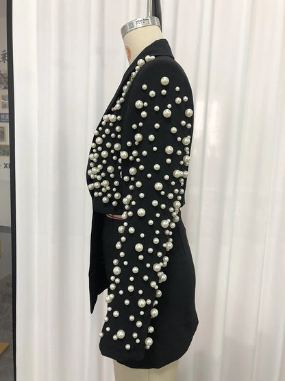 TWOTWINSTYLE Spliced Pearls Two Piece Set for Women Lapel Long Sleeve Irregular Top High Waist Mini Skirt Office Suit Female New