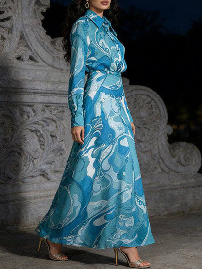 2026 Summer Women's Clothing Retro Geometric Print Lapel Long Sleeve Shirt Two-piece Set + Loose A-Line Skirt Fashion Suit