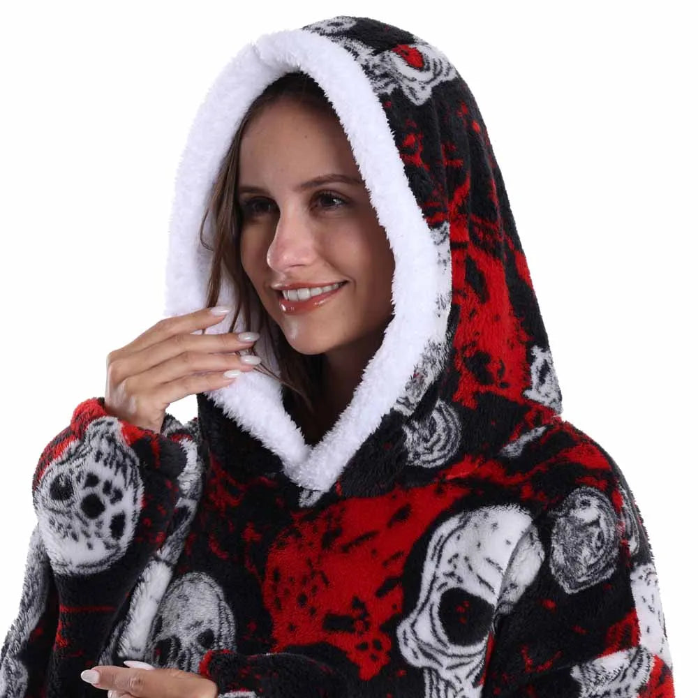 Women Hoodies Fluffy Warm Black Grey Long Sleeve Top Halloween Pumpkin Skull Ghost Hoodie Blanket Oversized Adult Winter Clothes
