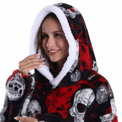 Women Hoodies Fluffy Warm Black Grey Long Sleeve Top Halloween Pumpkin Skull Ghost Hoodie Blanket Oversized Adult Winter Clothes