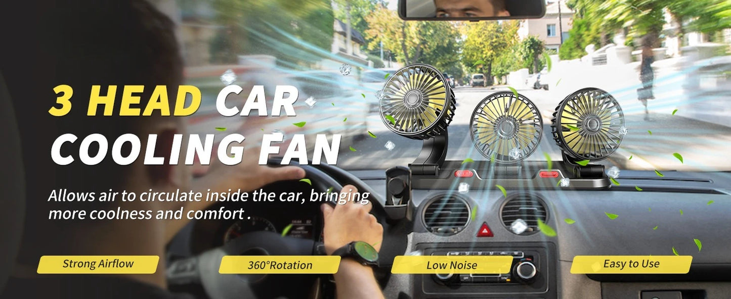 Car Fan 360° Adjustable 3 Head Air Fan Automotive Electric Fan USB/12V/24V Fan 2 Speeds Car Silent Fan For Home Desk Office&Car