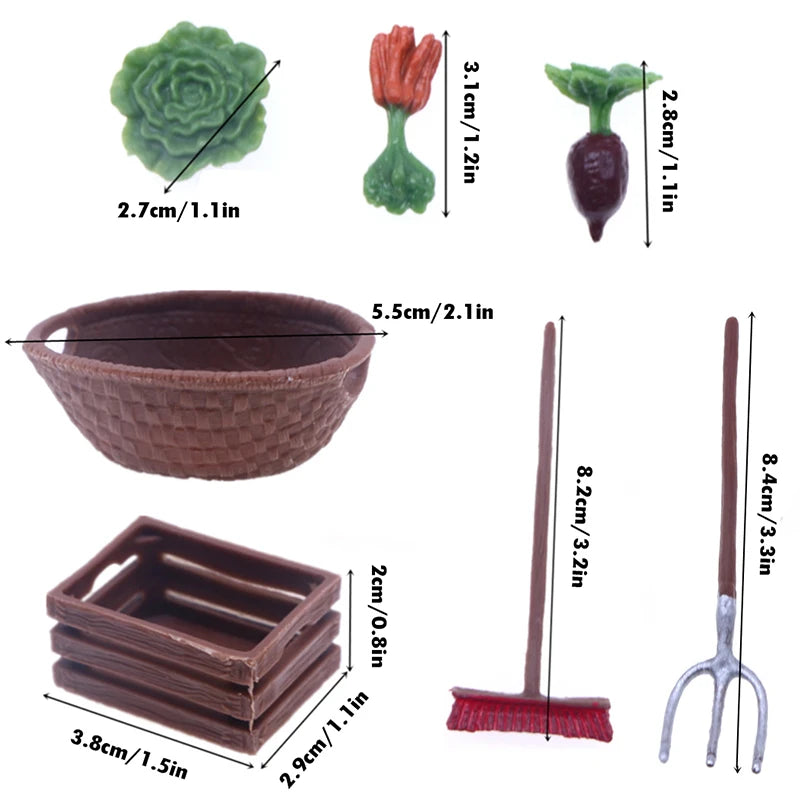 1Set 1:12 Dollhouse Miniature Farm Tool Ax Shovel Pull Cart Broom Boots Watering Can Garden Decor Toy Doll House Accessories