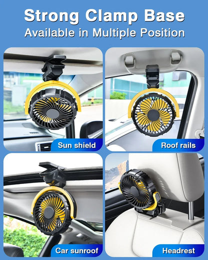 Battery Powered Car Fan 2000mAh Clip On Fan for Car Visor Quiet Rotate USB Rechargeable for SUV Van Truck Accessories