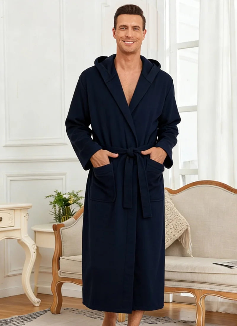 Mens Waffle Knit Hooded Bathrobe Navy Blue Kimono Style with Belt Pockets Soft Lightweight Spa Loungewear for Shower Hotel Home