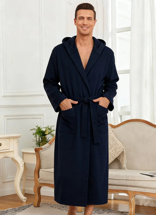 Mens Waffle Knit Hooded Bathrobe Navy Blue Kimono Style with Belt Pockets Soft Lightweight Spa Loungewear for Shower Hotel Home