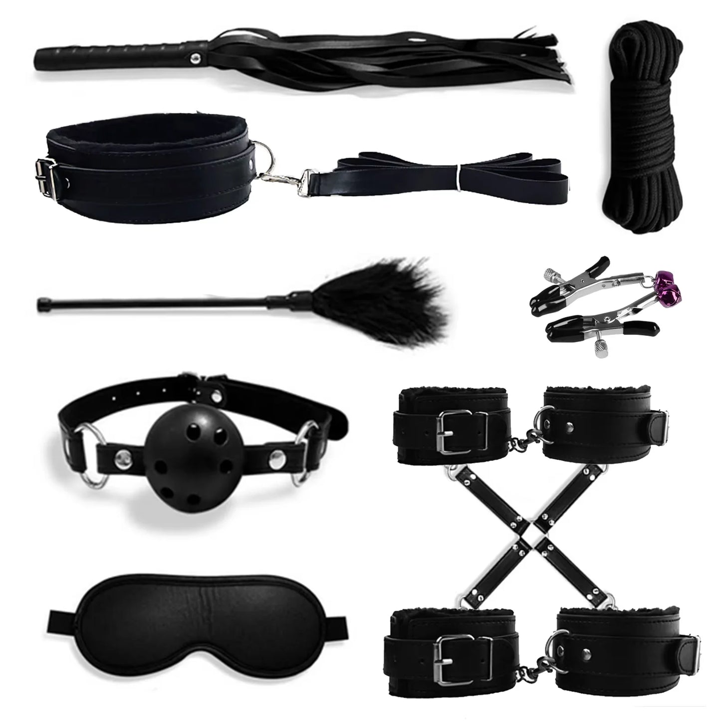 Bondage Set Restraint Kit Adult Game Handcuff Couples Collar Mouth Gag Tickler Whip Nipple Clamps Rope Fetish Sexy Toy For Women