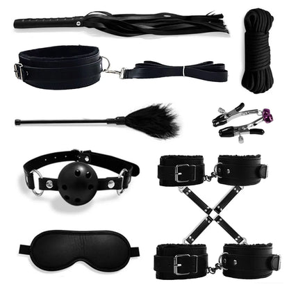 Bondage Set Restraint Kit Adult Game Handcuff Couples Collar Mouth Gag Tickler Whip Nipple Clamps Rope Fetish Sexy Toy For Women