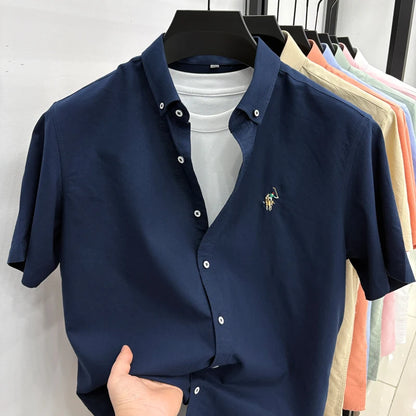 100% Pure Cotton Men's Short Sleeved 2026 New Brand Embroidered Trendy Shirt for Men's Casual Summer Wear