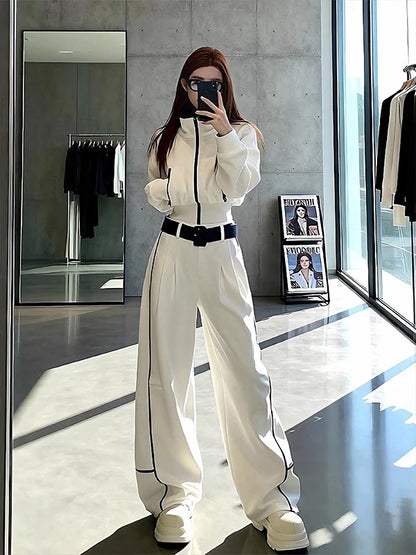 Winter Fashion Short Zipper Jacket High Waist Wide Leg Pants Two Piece Set Simple Design Casual Style Polyester Fabric