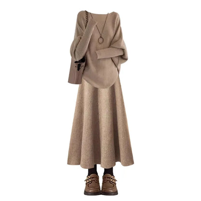 Retro Knitted Sweater And High Waist  Skirt Set for Women Elegant Autumn Winter Fashion Two Piece Ensemble Slimming Effect