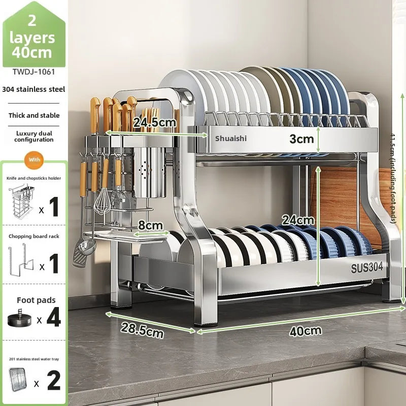 304 Stainless Steel Dish Storage Rack Kitchen Multifunctional Storage Dish Drain Rack Countertop Kitchen Accessories