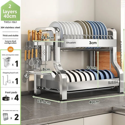 304 Stainless Steel Dish Storage Rack Kitchen Multifunctional Storage Dish Drain Rack Countertop Kitchen Accessories