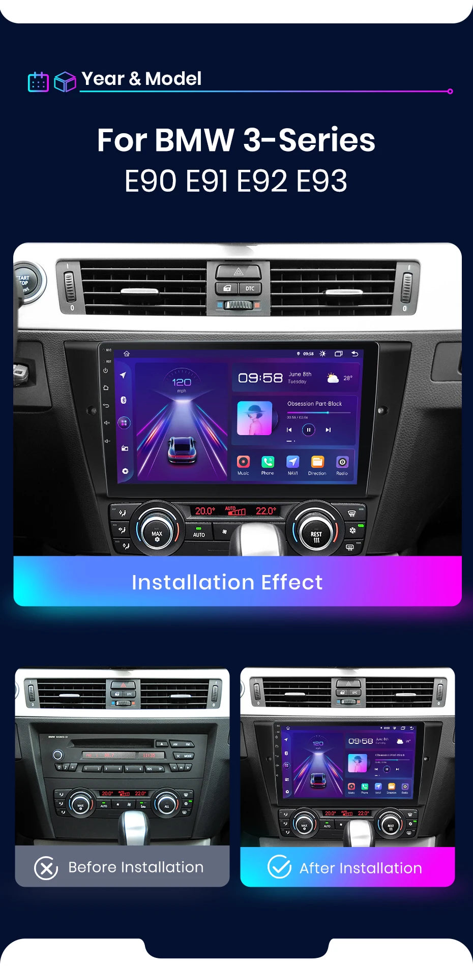 JIUYIN Car Radio For BMW 3-Series E90 E91 E92 E93 wireless CarPlay Android Auto car intelligent systems No 2 din 2din DVD