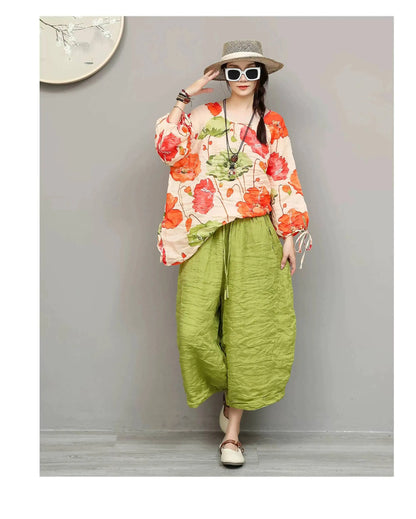 Artistic Ramie Suit Women Summer Floral Tie-up Top + Loose Wide-leg Cropped Pants Two-piece Set XY336