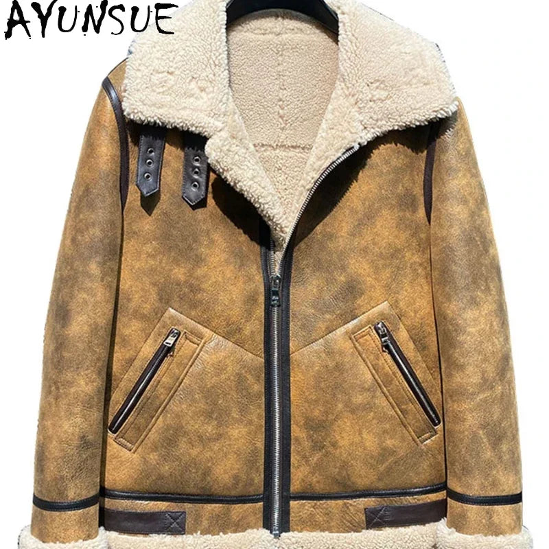 AYUNSUE Winter Leather Fur Coat Men Natural Sheepskin Fur In One Fur Coat Thick Warm Male Genuine Leather Jacket Chaquetas Lq