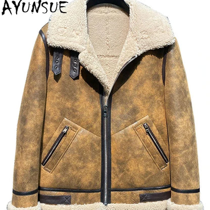 AYUNSUE Winter Leather Fur Coat Men Natural Sheepskin Fur In One Fur Coat Thick Warm Male Genuine Leather Jacket Chaquetas Lq