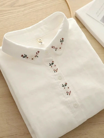 Elegant Embroidered Flower Doll Collar Double Layer Cotton Baby White Shirt Women Long Sleeve Base Shirt Trendy Commute Style...