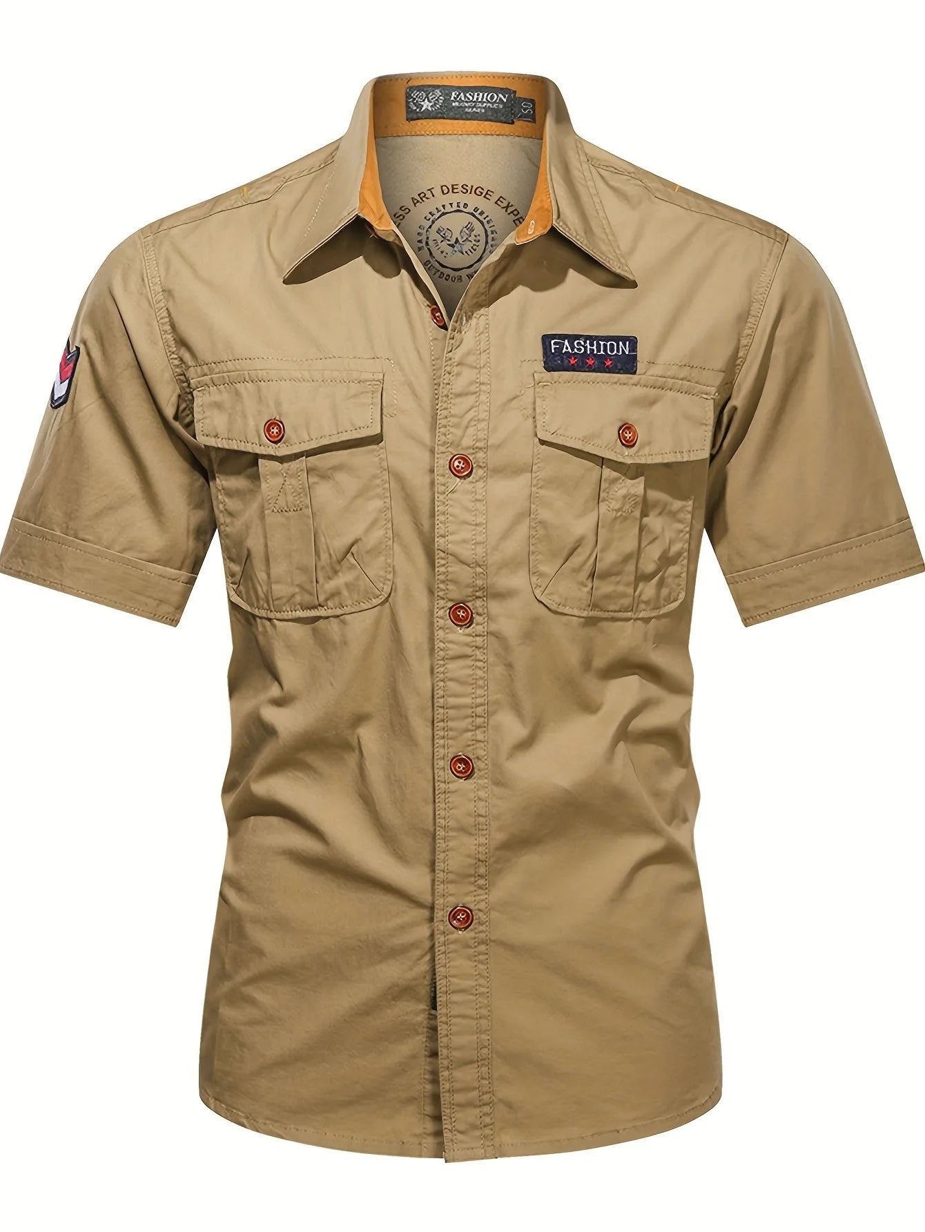 Men's military-style short-sleeved shirt, 100% cotton, multi-pocket design, lightweight and comfortable