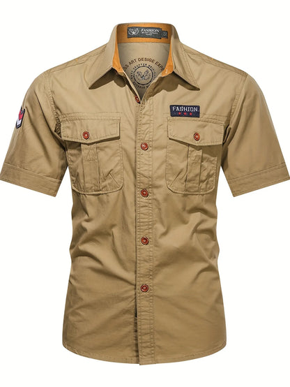 Men's military-style short-sleeved shirt, 100% cotton, multi-pocket design, lightweight and comfortable
