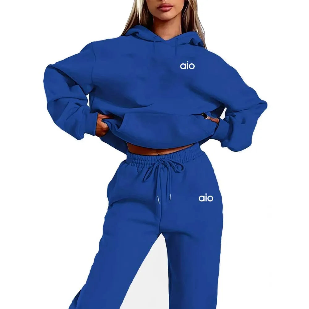 Autumn and Winter Fashion Print Two-Piece Set: Elegant Lounge Sweater with Long Sleeves and Fleece Lining, Plus Drawstring Joggi