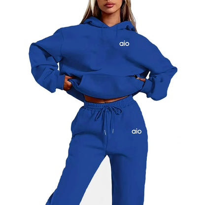 Autumn and Winter Fashion Print Two-Piece Set: Elegant Lounge Sweater with Long Sleeves and Fleece Lining, Plus Drawstring Joggi