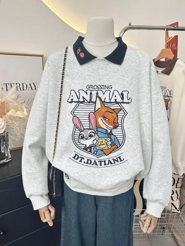 Fashionable Heavy Embroidery Cartoon Color Block  Neck Loose Fit Sweatshirt Women's Autumn New Arrival Fake Two-Piece Style