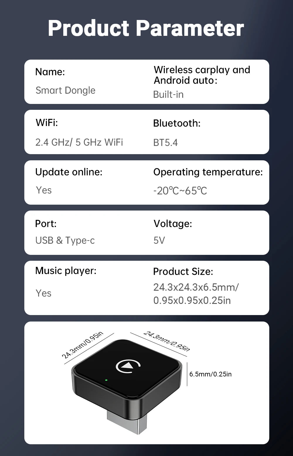Smart 2in1 CarPlay Android Auto Adapter, Universal Mini Wireless Dongle for Car Entertainment System, Plug and Play Upgrade Wire