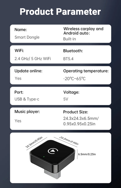 Smart 2in1 CarPlay Android Auto Adapter, Universal Mini Wireless Dongle for Car Entertainment System, Plug and Play Upgrade Wire