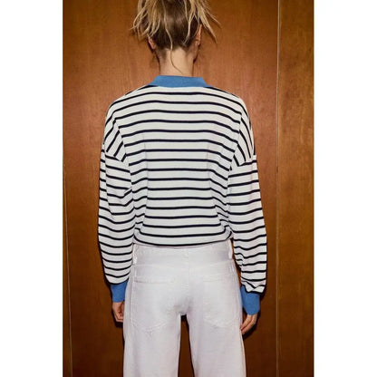 Spring Summer New Women's Knitted Stripe  Shirt Versatile ZR Style Fashion Classic Business Casual Long Sleeve Polyester