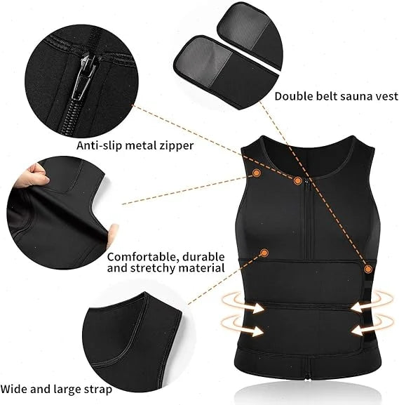 Men Sauna Zipper Waist Trainer Vest Slimming Shirt Tank Top Trimmer Body Shaper Compression Undershirt Fat Burner Workout Tops