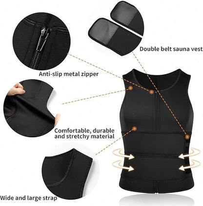 Men Sauna Zipper Waist Trainer Vest Slimming Shirt Tank Top Trimmer Body Shaper Compression Undershirt Fat Burner Workout Tops