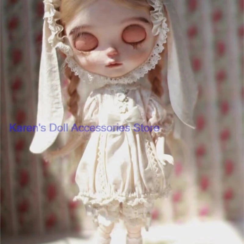 2026 vintage style 4pcs Drooping ear rabbit hairband/dress/pants/socks for Blythe(Fit for Lulu,ymy24,Ob22,24,26,zone, Jenny)