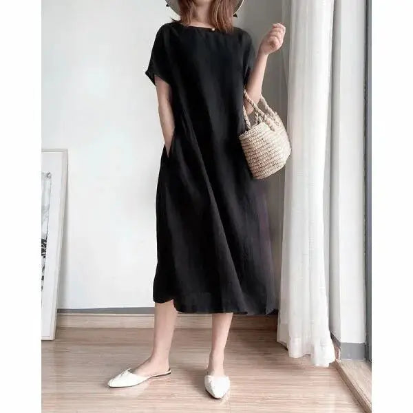 Casual Cotton Linen Dress Artistic Short Sleeve Midi Skirt Women's Fashion Summer round Neck Single Piece A-Line Skirt
