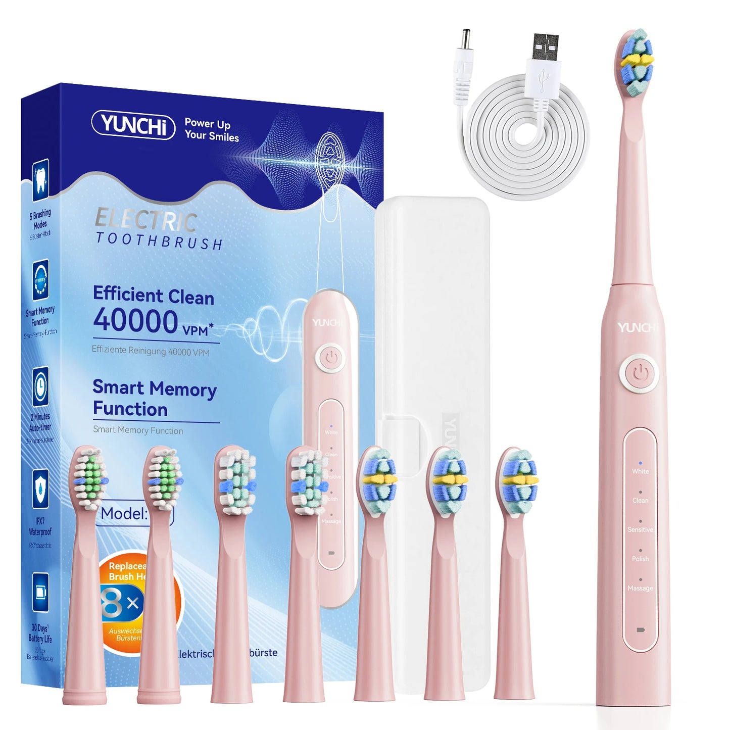 YUNCHI electric toothbrush ultrasonic adult electric toothbrush 5 cleaning modes 2-minute intelligent timed USB fast charging
