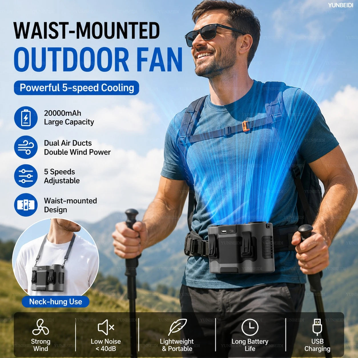 Portable Waist Clip Fan Small USB Charging Hanging Fan with LED Flashlight Outdoor Single/dual Air Outlet Fan 20000/10000Mah