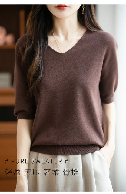 Thin Worsted Wool Short-Sleeved Women's Loose Round Neck T-shirt Printed Summer Fashion Knitted Bottoming Shirt Half-Sleeved