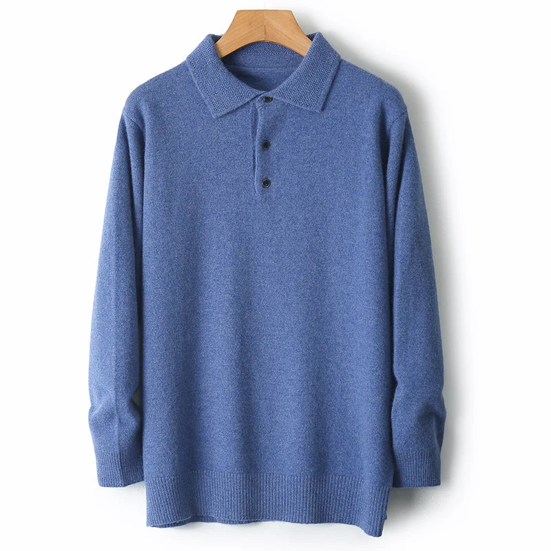 Autumn And Winter 100% Pure Wool Men's Polo Lapel Sweater Loose Large Size Casual Knit Bottoming Shirt