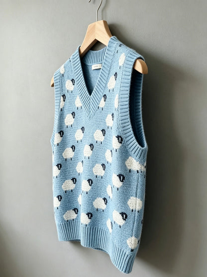 Women's plus size sheep pattern round neck knitted vest, casual and elegant spring and summer women's clothing