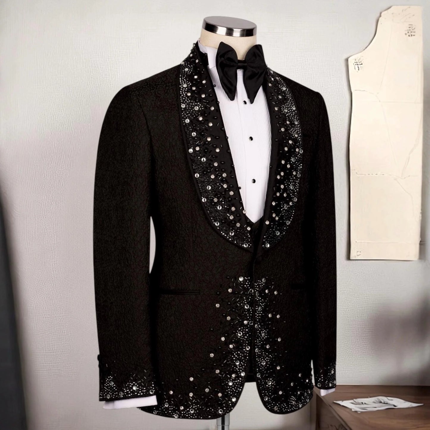 Suit For Man Black Tuxedo Set, Wedding Groom Suit, Two Piece Jewelry Ornament Tuxedo, Party For Men, Prom Men's Suit