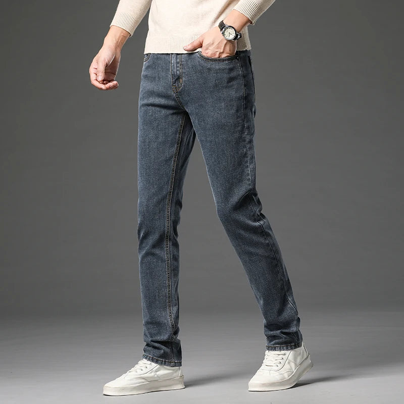 Winter Thickened Fleece Jeans Men's High Quality Slim Straight Elastic Casual Denim Pants Warm Plush Velvet Fashion Trousers