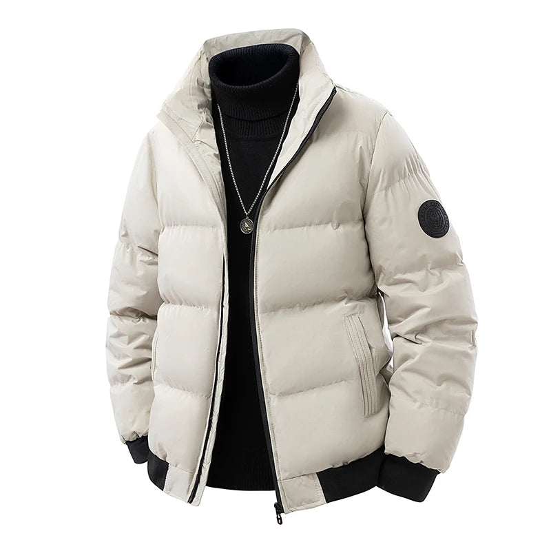 Men's 3D Quilted Puffer Jacket, Thickened Cotton Winter Coat, Stand Collar Warm Outerwear Cold Weather / Daily Wear