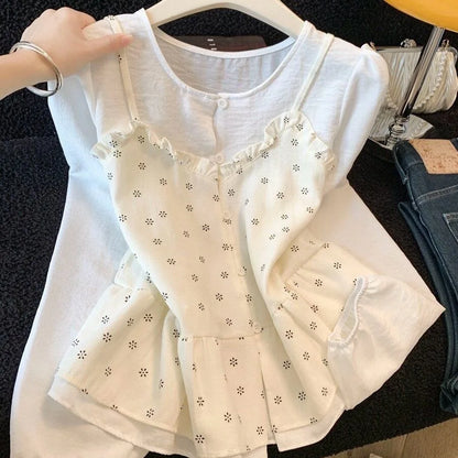 Floral round Neck Shirt Women's 2026 New Spring Design Color Block Fake Two-Piece Layering Long Sleeve Top Polyester Fiber