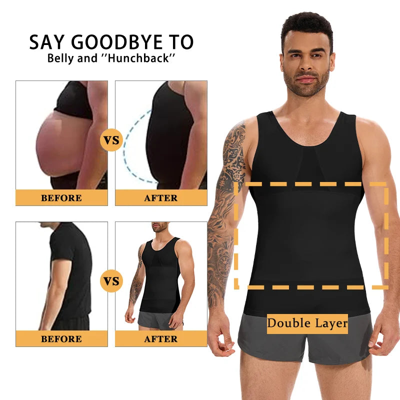 Compression Vest for Men High Elastic Fajas Double Layer Tummy Control Body Shaper Mesh Bust Shapewear Slimming Underwear