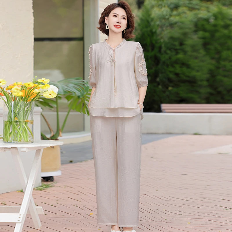 Mother's Day Fashionable Summer Outfit Set Casual Short Sleeve Two-Piece Suit for Middle-Aged Women Polyester Fiber V-Neck