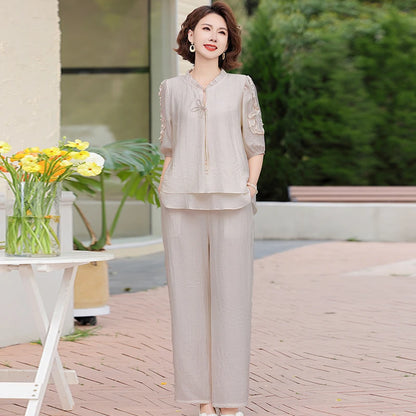 Mother's Day Fashionable Summer Outfit Set Casual Short Sleeve Two-Piece Suit for Middle-Aged Women Polyester Fiber V-Neck